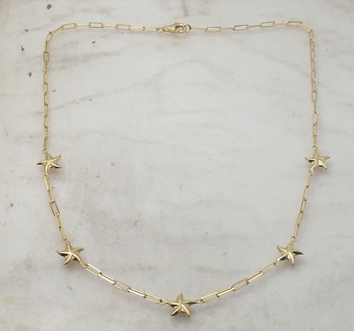 18" Sea Star Charm Paper Clip Oval Chain Necklace 14K Yellow Gold Plated Silver - Picture 2 of 4