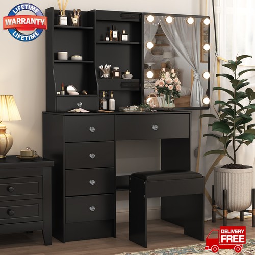 Morden Dressing Table with stool Set Vanity Desk + 6 Storage Drawers LED Mirror - Picture 13 of 15