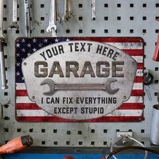 Custom Garage Sign Wrench Man Cave Gift for Men Metal American Flag 108120129009