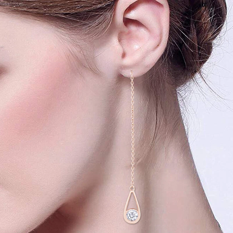 Threader Drop Earrings Round Cut Simulated Diamond 14K Rose Gold Plated Silver - Image 4 of 4