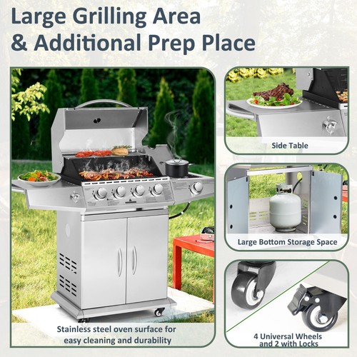 Propane Gas Grill 4 Burners Stainless Steel Grill Cart Outdoor Cooking BBQ 4+1 - Picture 4 of 8