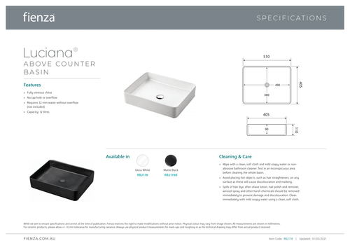 Fienza Ceramic Above Counter Basin Black 0 Tap Hole 510 x 405 Luciana RB2178B - Picture 3 of 3