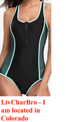 One Piece Sport Zip Front Swimsuit Women Black w/Green Trim - Picture 1 of 5