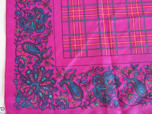 Bright Pink Square Scarf, Floral + Plaid Print, 29" Polyester, Pre-Owned - Picture 4 of 4
