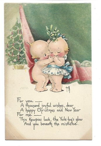 2 KEWPIES WISHING A MERRY CHRISTMAS & POEM - Imagen 1 de 2