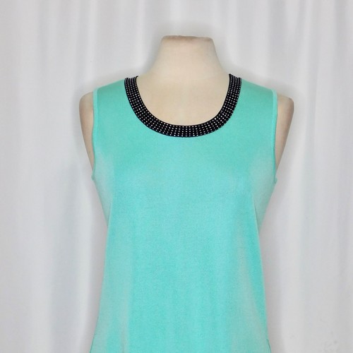 MING WANG Seafoam Green Black Studded Embellished Knit Tank Top Blouse Medium - Picture 2 of 10
