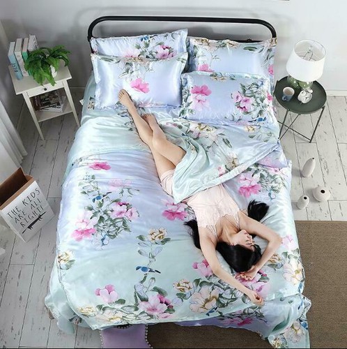 4pcs Ice Silk Duvet Cover Sets Pillowcase Sheet King Bedding Floral Flower Pink - Picture 4 of 19