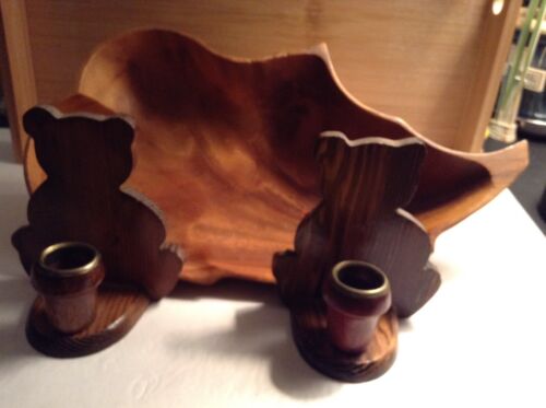 Vintage Wooden Leaf Bowl & Candle Holders - Picture 7 of 7