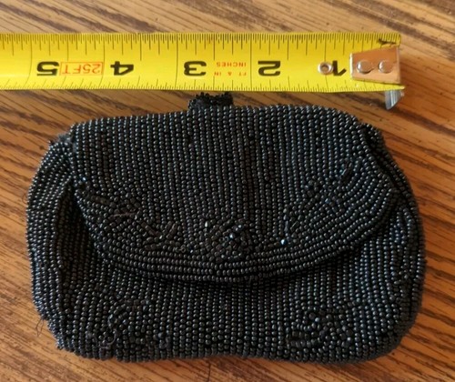 Antique Black Beaded Coin Medicine Makeup Purse Ornate Handmade In Belgium - Picture 5 of 6