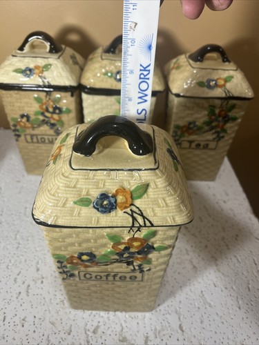 Vintage Hotta Yu Shoten Japan Basketweave Majolica Kitchen Canisters (set Of 4) - Picture 7 of 14