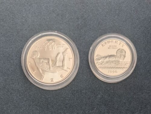 1996 ATLANTA OLYMPICS 2-COIN PROOF SET-Silver dollar(high jump);Clad Half $-Swim - Picture 6 of 8
