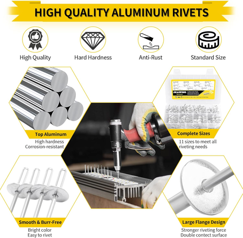 Pop Rivets Assortment Kit, 250PCS Large Flange Aluminum Rivets, 11 SAE Sizes Fla - Picture 3 of 12