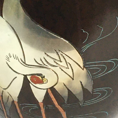 ENGRAVED BRONZE JAPANESE VASE 5 RED EYED CRANES MIXED METALS SILVER ENAMEL 10" - Picture 6 of 12