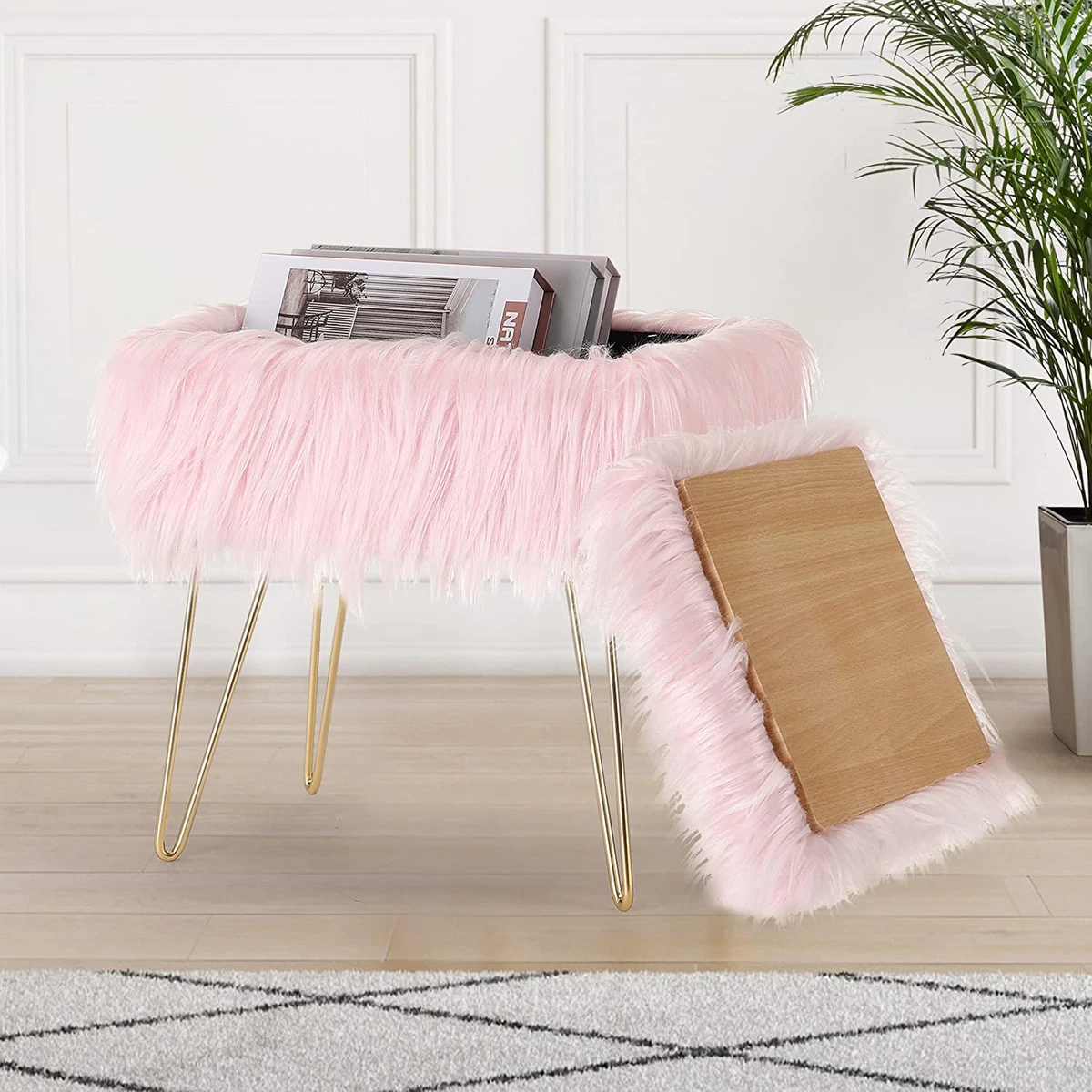 Vanity Stool Faux Fur Ottoman Cute Rectangle Faux Fur Chair with
