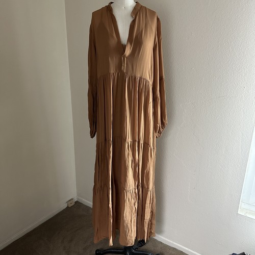 Young Fabulous & Broke Maxi Dress Womens Medium Tan Sheer Lined Ruffle Flaw
