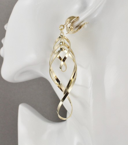 Gold Clip On earrings lightweight clips 3.5" long dangle chandelier big twist - 第 6/9 張圖片