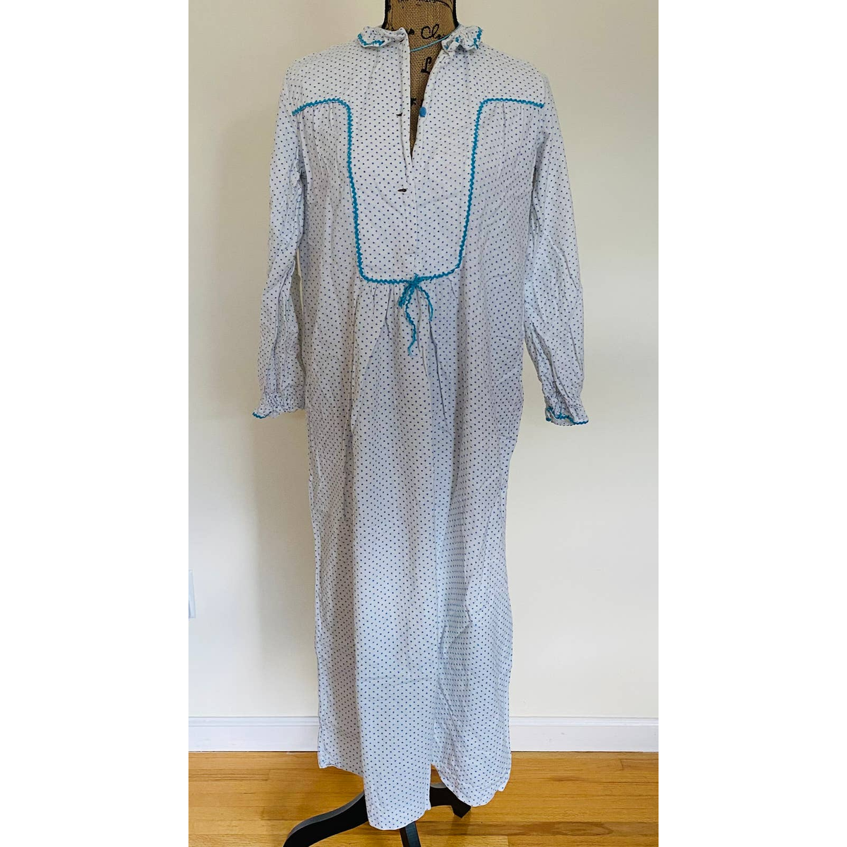 Victorian Male Nightgown Handmade Cotton Flannel Blue White Lace