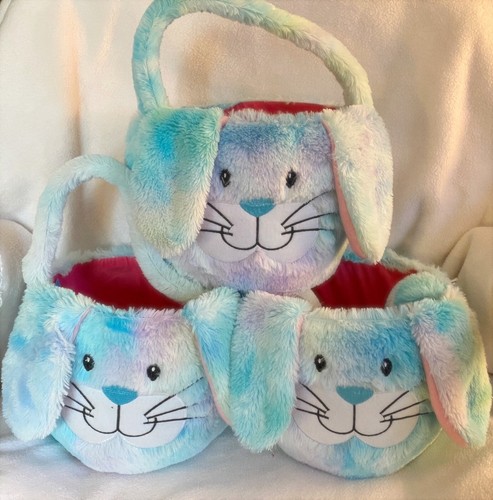 Plush Easter Basket Pastel Furry Bunny With Ears & Handle Eggs 8x6x7 - Picture 4 of 5