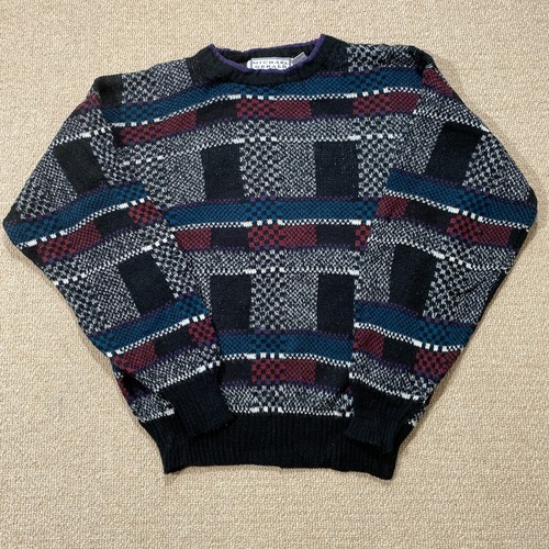 VINTAGE 80s Pattern Jumper Mens Large Black Multi Cosby Acrylic Michael Gerald