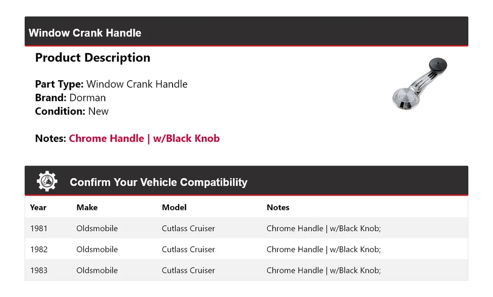 Manivela ventana Dorman 1982 Oldsmobile Cutlass Cruiser 1981-1983 Foto 2 de 4