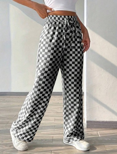Women Lace Up Trousers Bottoms Ladies Elastic Waist Pants Plaid Joggers UK Sell - Picture 9 of 15