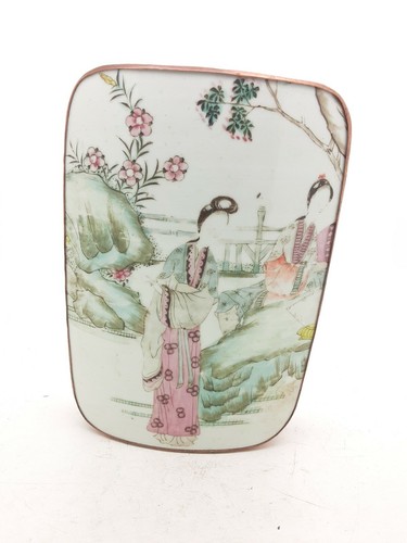 RARE ANTIQUE Oriental Silver Plated Copper Box W Insert Painted Porcelain Panel - Picture 4 of 9