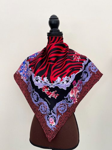 Unisex Versace Silk Wrap Animal Baroque Print Black Purple Red Silk Twill Scarf - Picture 4 of 14