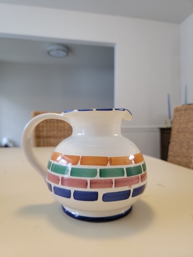 Vintage Pier 1 Hand Painted Ceramic Pitcher Made In Italy Round White Blue - Picture 2 of 9