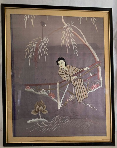Gerahmtes 16x20 Vintage asiatisches Seidengemälde handgestickt - Bild 9 von 18