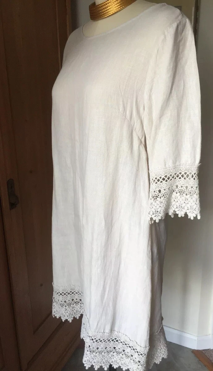 Stella Rosa Linen Tunic Dress Beige Natural Crochet Lace Trim