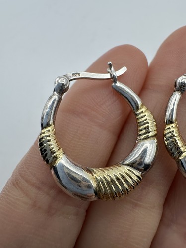 Vintage Two Tone Sterling Silver 925 Unique Hoop Earrings - Picture 3 of 5