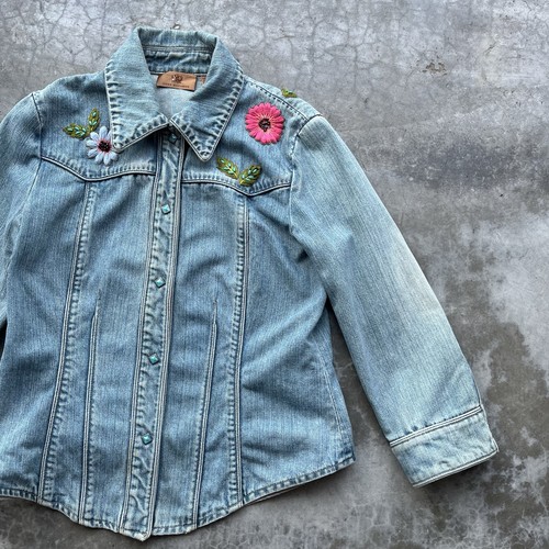 Vintage Dana Buchman Denim Perlen Druckknopfleiste bestickt Hemd Damen Large City - Bild 2 von 7