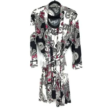 Studio Donatella Robe + Slip Dress Set Womens Sz L Black White Pink Paisley