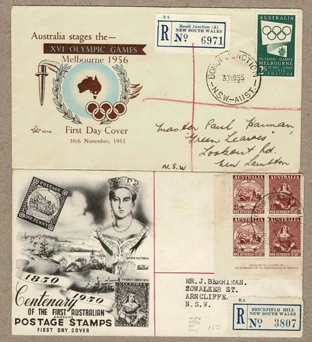 Australia 1950 1955 FDC REGISTERED Cover x2 inc Olympic Imprint Block 4