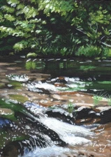 ACEO Original Landscape Painting Forest Creek Stream Nature Art Parry Johnson