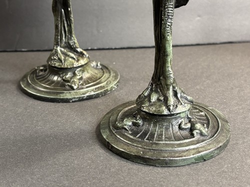 Pair Of Antique Metal Candlestick/Birds/Copra/Frog/Green Patina/France C.1920 - Picture 5 of 19