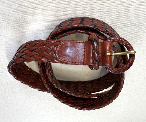 Cinturón de cuero de colección años 90 para hombre 38 trenzado tejido marrón hebilla cubierta latón safari - Imagen 4 de 6