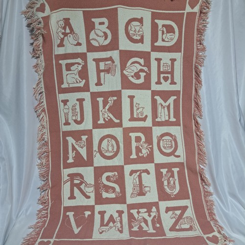 VTG Alphabet Letter Baby Blanket Woven Tapestry Pink White 46" X 27" - Picture 1 of 5