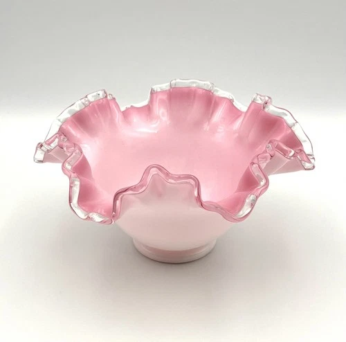 Vintage Fenton Pink & White Glass Ruffled Silvercrest Crimped Bowl Candy Dish