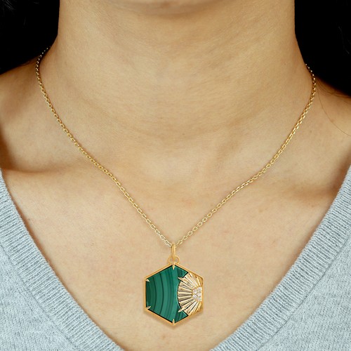Handmade 14k Gold Diamond & Malachite Gemstone Hexagon Pendant Jewelry - Picture 2 of 7