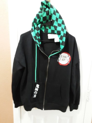 Schwarze Demon Slayer Jacke grün kariert Hoodie Reißverschluss Fronttaschen Lg