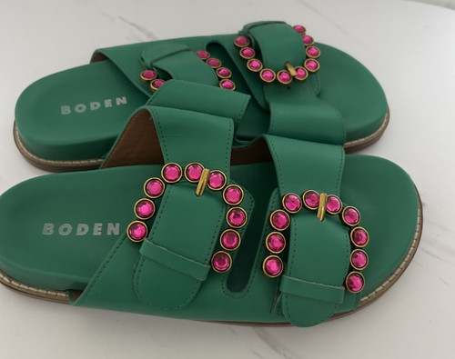 Boden Shoes Alberta Slides Sandals Green Leather Double Buckle 4 Pink Jewelled - Picture 1 of 5