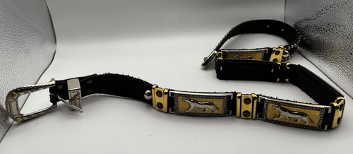 Vintage Donna Katz Gürtel schwarz Leder Panther silber gold 1" Damen Medium - Bild 3 von 11