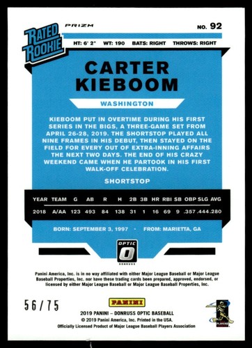 2019 Donruss Optic Blue Carter Kieboom 56/75 Washington Nationals #92 R99 - Picture 2 of 2