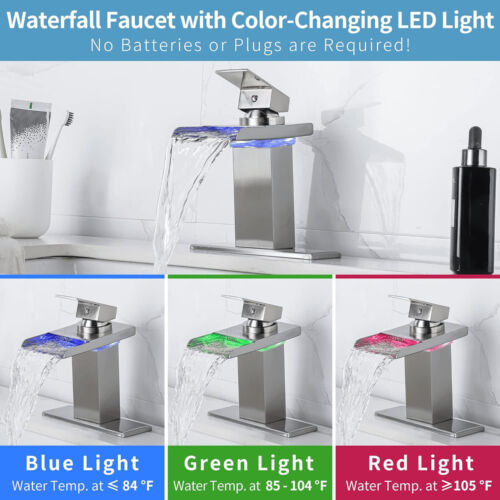 Bathroom Faucet LED Waterfall Spout Basin Sink Vanity Single Hole Mixer Tap - Picture 2 of 6