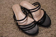 BCBGeneration Black Dexti Gold Heel Sandals Size 7.5 NWOT