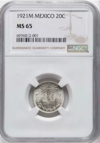 MEXICO ESTADOS UNIDOS 1921  20 CENTAVOS COIN CERTIFIED UNCIRCULATED NGC MS-65