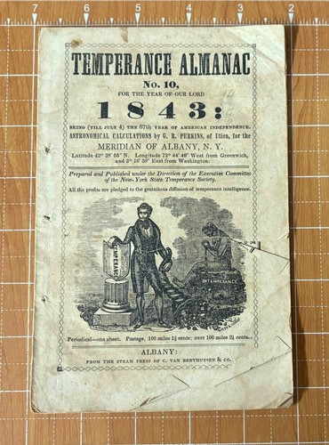 TEMPERANCE ALMANAC NO. 10 for 1843 printed by MERIDIAN OF ALBANY