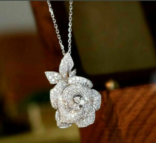 1.3 Ct Round Cut Real Moissanite Wedding Rose Flower Pendant 925 Sterling Silver - Picture 2 of 3