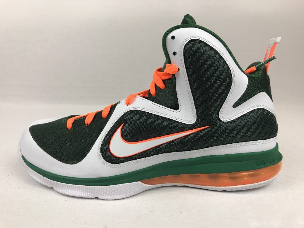 NIKE LEBRON 9 IX MIAMI HURRICANES SAMPLE PE GREEN/ORANGE/WHITE SIZE 10.5 NIKE LEBRON 9 IX MIAMI HURRICANES SAMPLE PE GREEN/ORANGE/WHITE SIZE 10.5